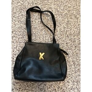 Vintage Paloma Picasso Black Leather X Gold Logo Shoulder Bag 2 Handles Italy